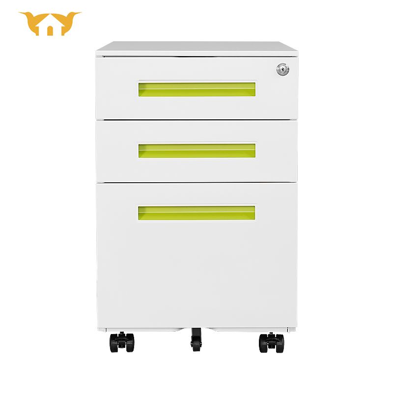 3抽扣手活动柜-白柜体绿扣手