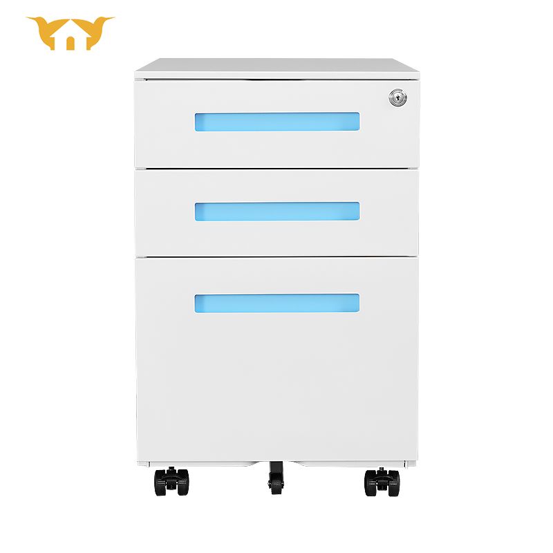 3抽扣手活动柜-白柜体蓝扣手